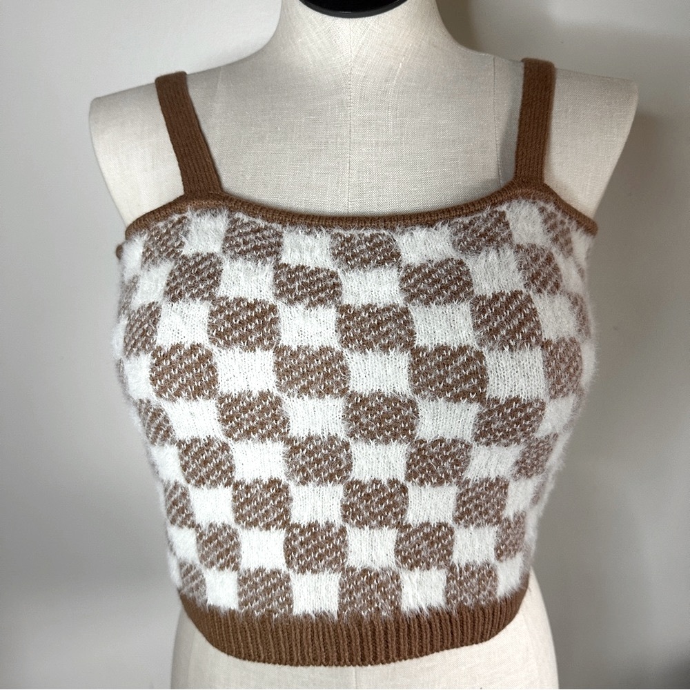 NWT Fuzzy Check Crop Tank + Crop Cardigan Set by Hazel Moon XL Geo - Picture 3 of 13